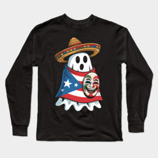 Halloween Puerto Rican Ghost with Pava Hat & Vejigante Mask Long Sleeve T-Shirt