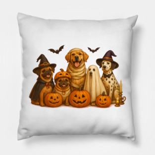 Funny Dog Halloween Squad – Ghost, Witch, and Mummy Costume Party Design Pillow