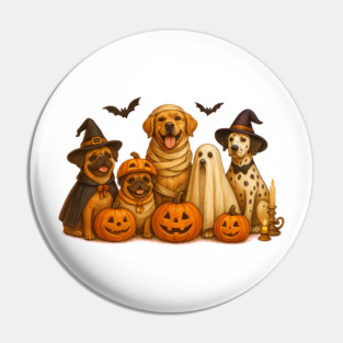 Funny Dog Halloween Squad – Ghost, Witch, and Mummy Costume Party Design Pin