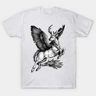 Peryton artwork - mythical creature, medieval bestiary, fantasy deer, winged deer, ink illustration, inktober T-Shirt