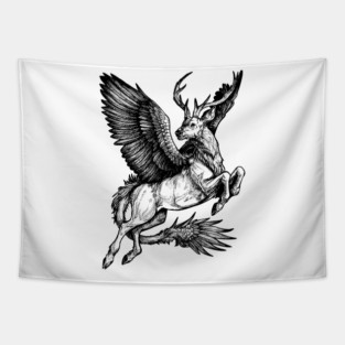 Peryton artwork - mythical creature, medieval bestiary, fantasy deer, winged deer, ink illustration, inktober Tapestry