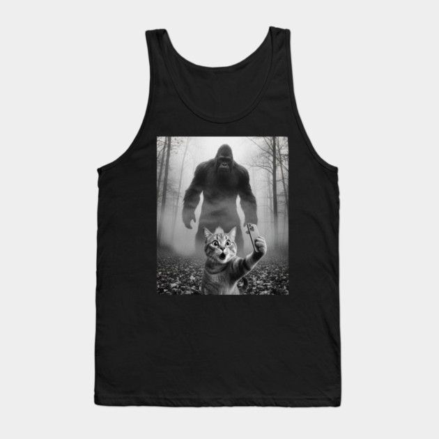 Bigfoot Selfie Cat Tee - Sasquatch Photobombing Feline Fun Tank Top by OUTFITPAW