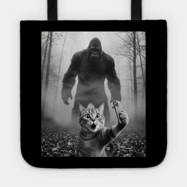 Bigfoot Selfie Cat Tee - Sasquatch Photobombing Feline Fun Tote by OUTFITPAW