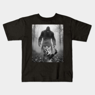 Bigfoot Selfie Cat Tee - Sasquatch Photobombing Feline Fun Kids T-Shirt