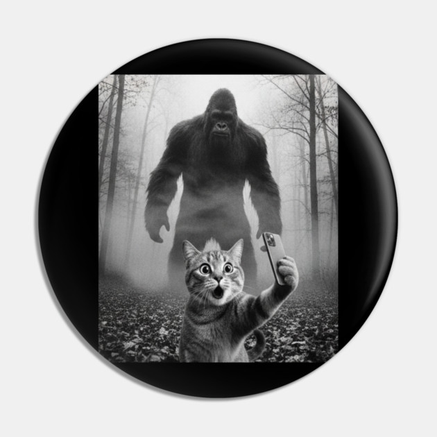 Bigfoot Selfie Cat Tee - Sasquatch Photobombing Feline Fun Pin by OUTFITPAW