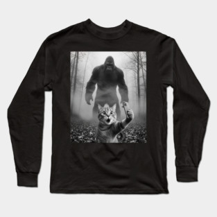 Bigfoot Selfie Cat Tee - Sasquatch Photobombing Feline Fun Long Sleeve T-Shirt