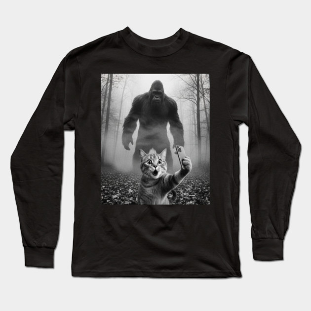 Bigfoot Selfie Cat Tee - Sasquatch Photobombing Feline Fun Long Sleeve T-Shirt by OUTFITPAW