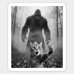 Bigfoot Selfie Cat Tee - Sasquatch Photobombing Feline Fun Sticker