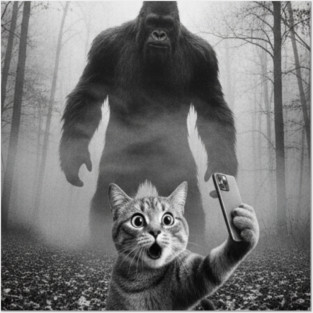 Bigfoot Selfie Cat Tee - Sasquatch Photobombing Feline Fun Posters and Art