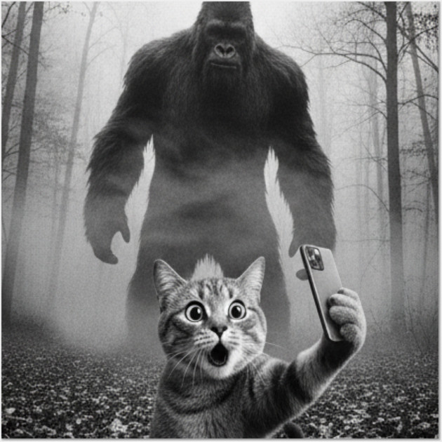 Bigfoot Selfie Cat Tee - Sasquatch Photobombing Feline Fun Wall Art by OUTFITPAW