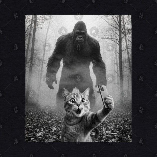 Bigfoot Selfie Cat Tee - Sasquatch Photobombing Feline Fun by OUTFITPAW