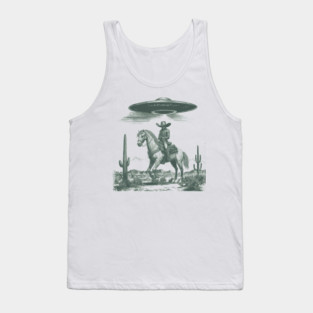 UFO Sightings Cowboy Horse Rider Fantasy UFO Invasion Space Aliens Western Chic Life Rodeo Arizona Cactus Desert Landscape Artwork Tank Top