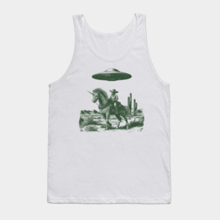 Unicorn Horse Rider Fantasy UFO Sightings Space Aliens Western Cowboy Close Encounters Horse Rider Cowboy Hat Arizona Cactus Desert Landscape Artwork Tank Top
