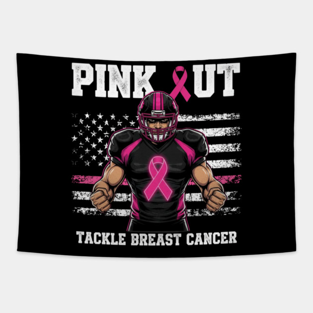 Pink Out Tackle Cancer Football Breast Cancer Awareness Game Day Tapestry by ArtistTee ⭐⭐⭐⭐⭐