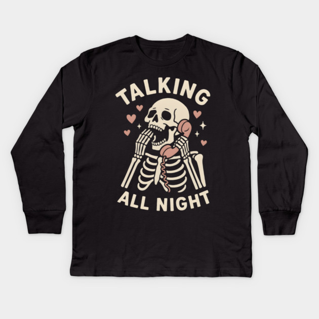 Talking All Night – Cute Skeleton Love & Halloween Graphic Kids Long Sleeve T-Shirt by MakerMind8.2