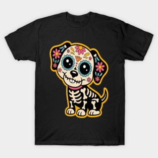 Dia De Los Muertos Puppy Floral Calavera Bones T-Shirt