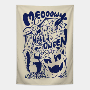 Meowy Halloween Cat with Pumpkin Bat and Ghost Tapestry