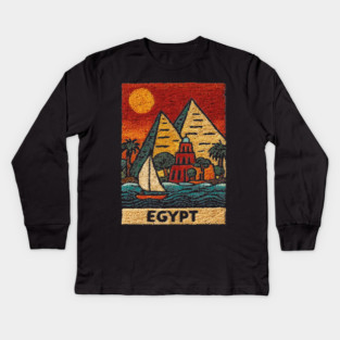 Egypt Tapestry Design - Nile River Pyramid Art Kids Long Sleeve T-Shirt
