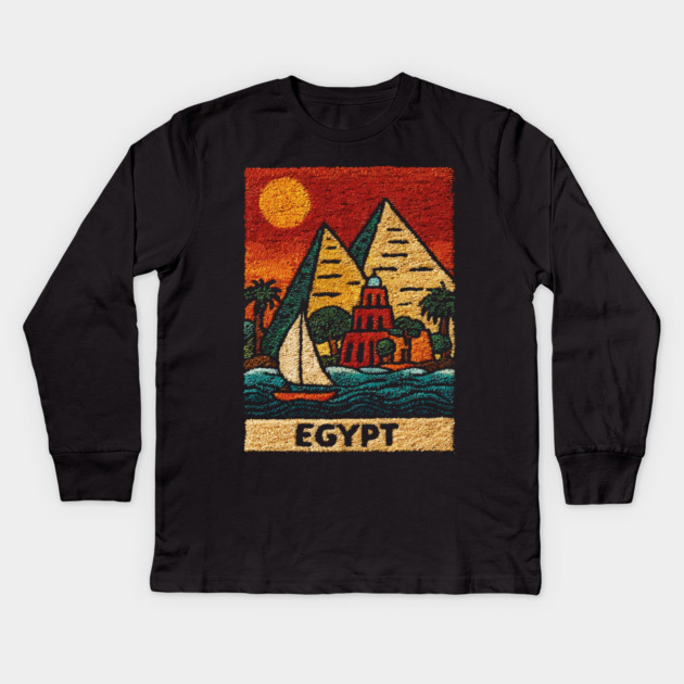 Egypt Tapestry Design - Nile River Pyramid Art Kids Long Sleeve T-Shirt by TuncGK