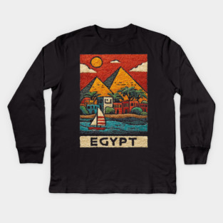 Egyptian Pyramids Geometric Art - Desert Sunset Print Kids Long Sleeve T-Shirt