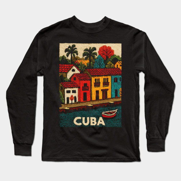 Havana Cuba Vintage Poster - Caribbean Island Art Long Sleeve T-Shirt by TuncGK