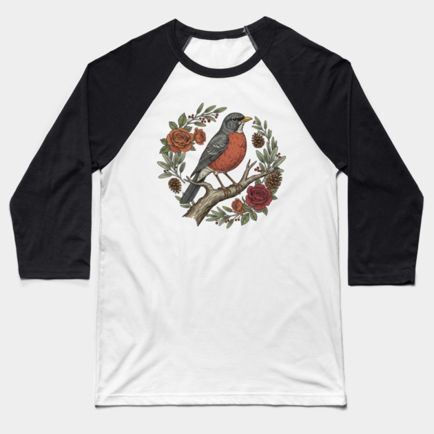 American Robin Surrounded By Roses And Pinecones Baseball T-Shirt by BirdsnStuff