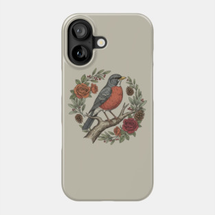American Robin Surrounded By Roses And Pinecones Phone Case