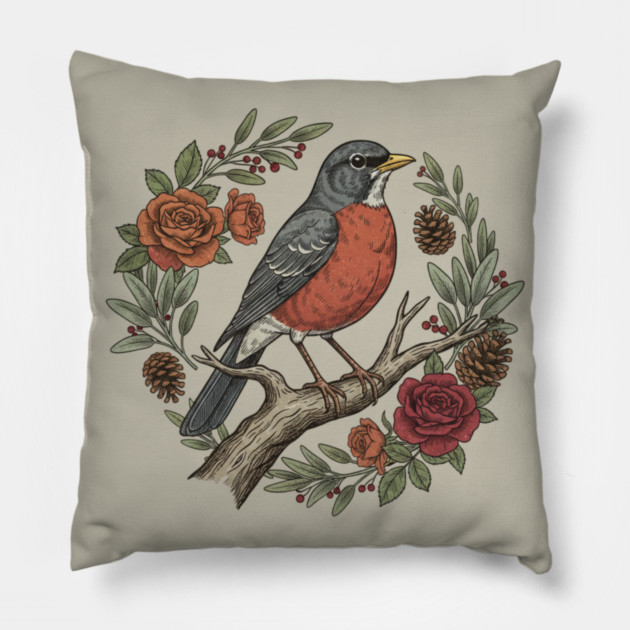American Robin Surrounded By Roses And Pinecones Pillow by BirdsnStuff