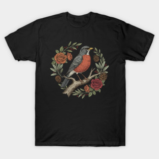 American Robin Surrounded By Roses And Pinecones T-Shirt