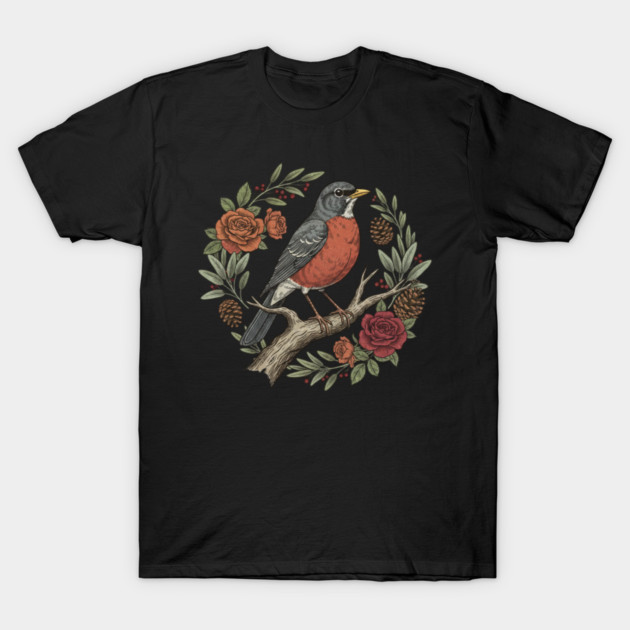 American Robin Surrounded By Roses And Pinecones T-Shirt by BirdsnStuff