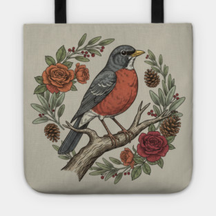 American Robin Surrounded By Roses And Pinecones Tote