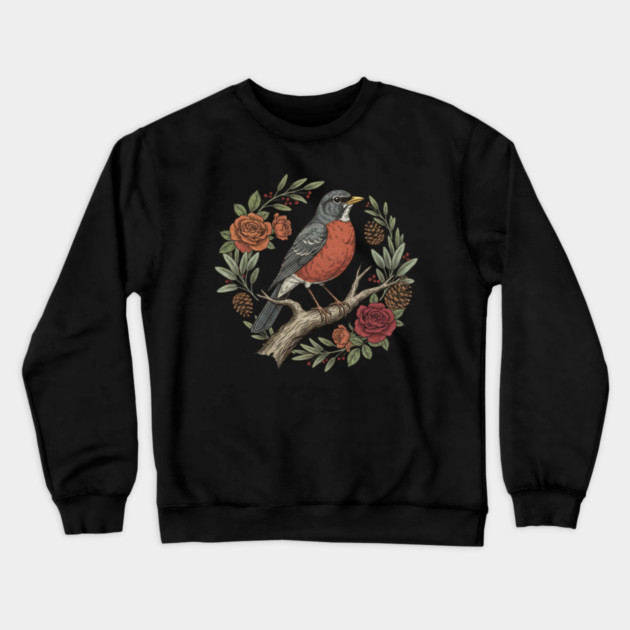 American Robin Surrounded By Roses And Pinecones Crewneck Sweatshirt by BirdsnStuff