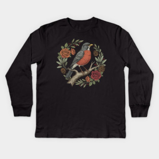 American Robin Surrounded By Roses And Pinecones Kids Long Sleeve T-Shirt