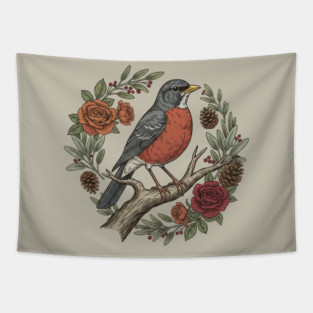 American Robin Surrounded By Roses And Pinecones Tapestry