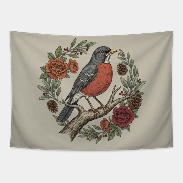 American Robin Surrounded By Roses And Pinecones Tapestry by BirdsnStuff