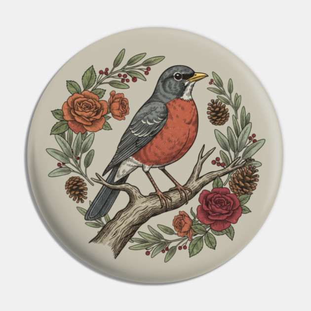 American Robin Surrounded By Roses And Pinecones Pin by BirdsnStuff
