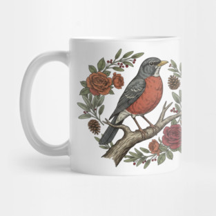 American Robin Surrounded By Roses And Pinecones Mug