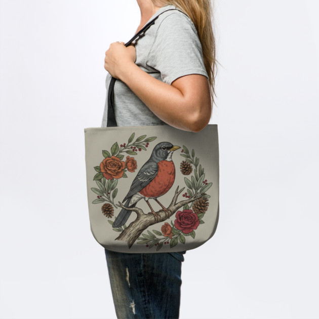 American Robin Surrounded By Roses And Pinecones by BirdsnStuff