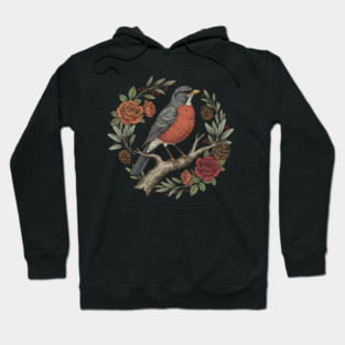 American Robin Surrounded By Roses And Pinecones Hoodie