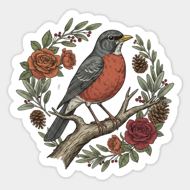 American Robin Surrounded By Roses And Pinecones Magnet by BirdsnStuff