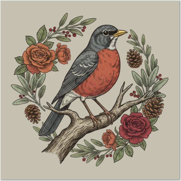 American Robin Surrounded By Roses And Pinecones Wall Art by BirdsnStuff