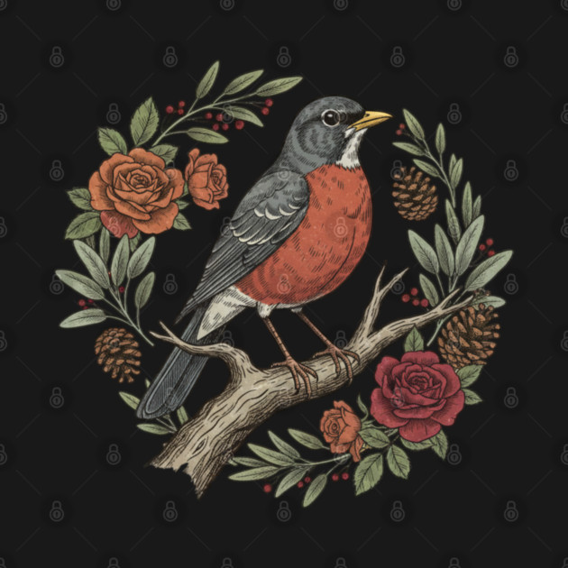 American Robin Surrounded By Roses And Pinecones by BirdsnStuff