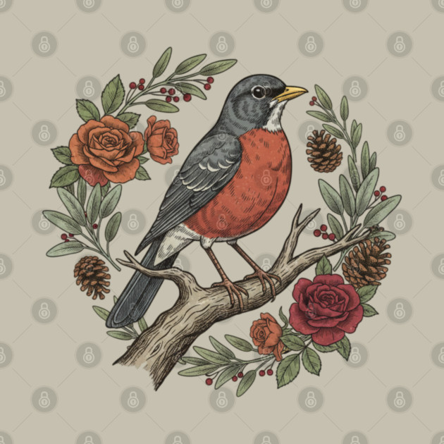 American Robin Surrounded By Roses And Pinecones by BirdsnStuff
