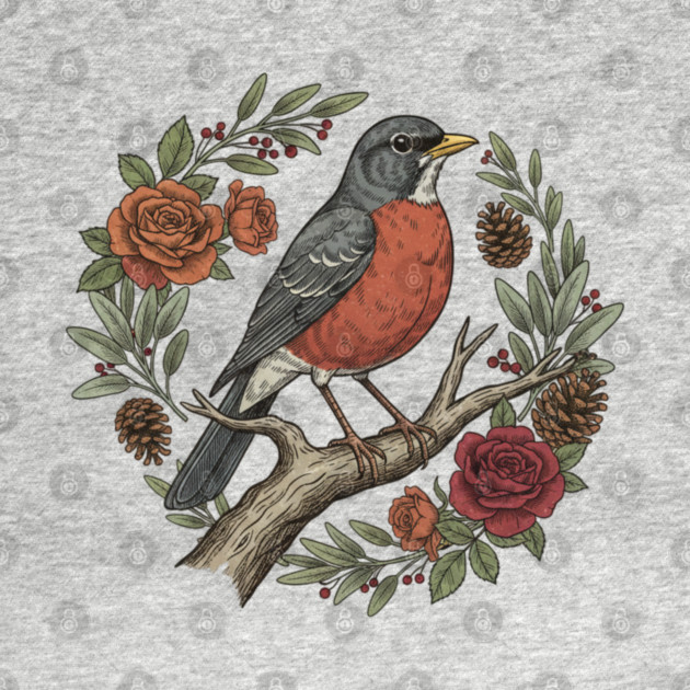 American Robin Surrounded By Roses And Pinecones by BirdsnStuff
