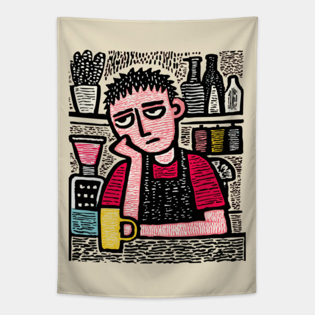 The Daily Grind - Tired Barista Tapestry by TuncGK