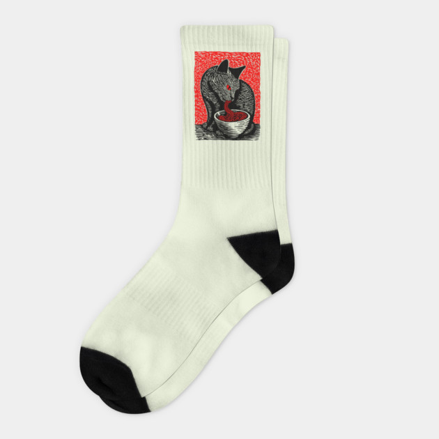Tonkotsu Cat - Ramen Lover Linocut Socks by TuncGK
