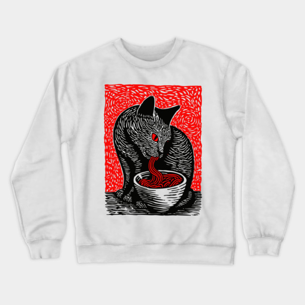 Tonkotsu Cat - Ramen Lover Linocut Crewneck Sweatshirt by TuncGK