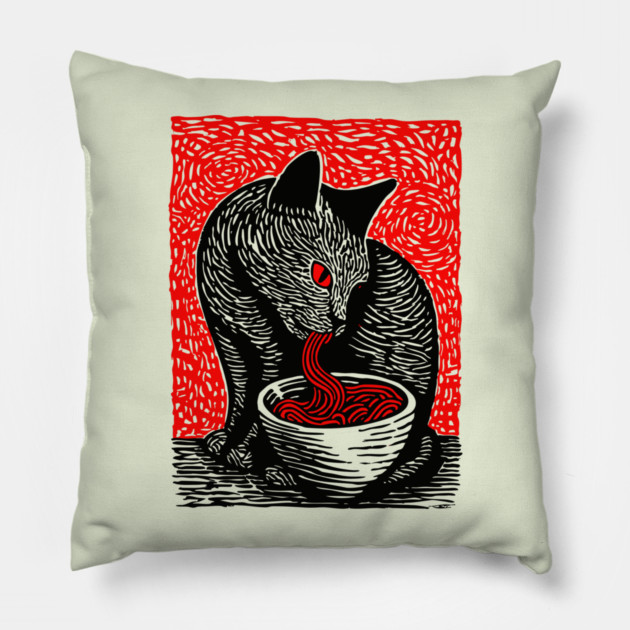 Tonkotsu Cat - Ramen Lover Linocut Pillow by TuncGK