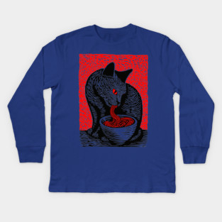 Tonkotsu Cat - Ramen Lover Linocut Kids Long Sleeve T-Shirt