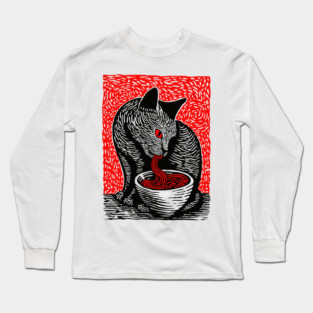 Tonkotsu Cat - Ramen Lover Linocut Long Sleeve T-Shirt